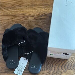 NEW- A New Day Black Furry Slippers